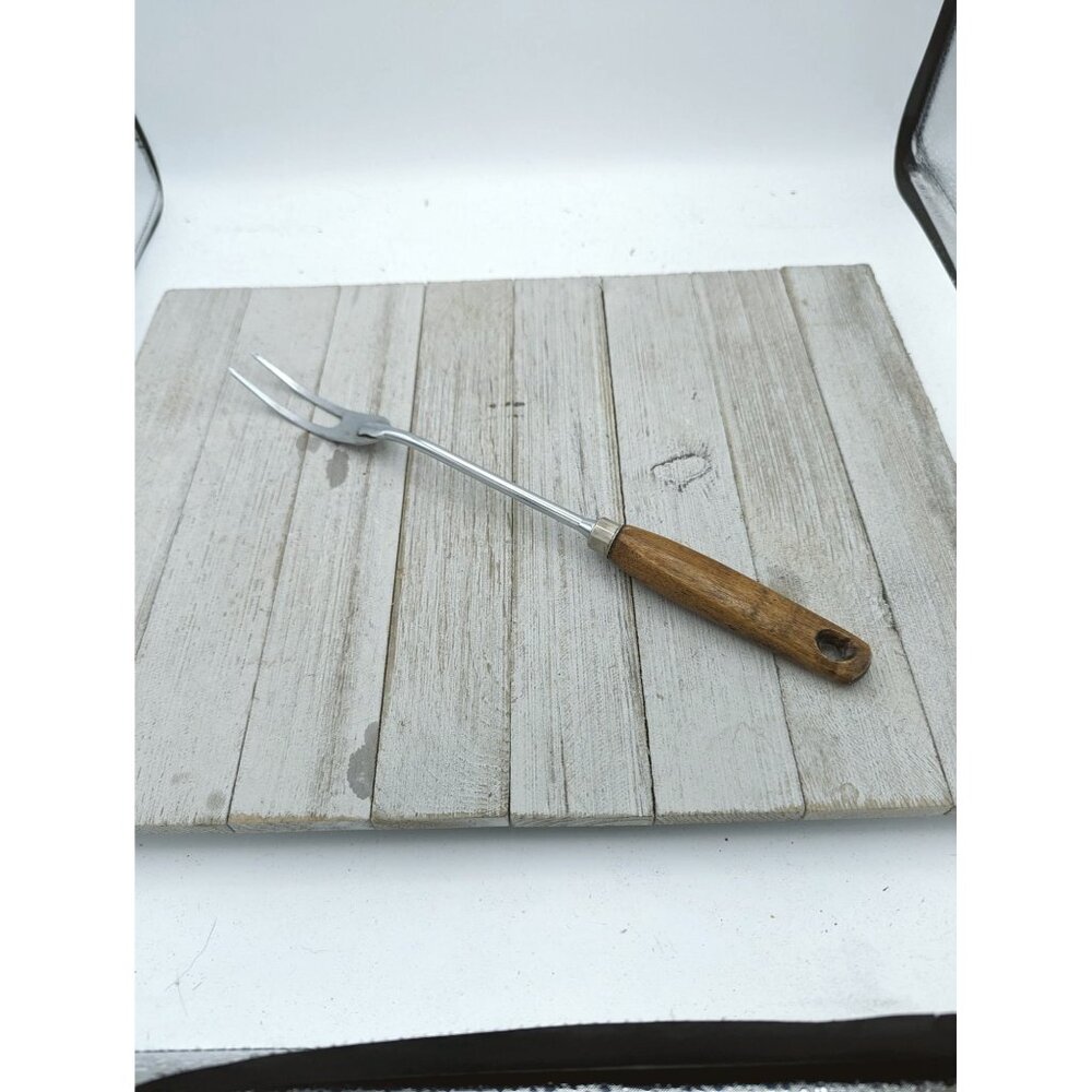 Vintage EKCO Halo #2 Solid Meat Utility Fork Tan Wood Handle 12 1/2"